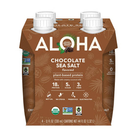 ALOHA Chocolate Sea Salt Protein Drink on-the-go pack emphasizes vegan and gluten-free