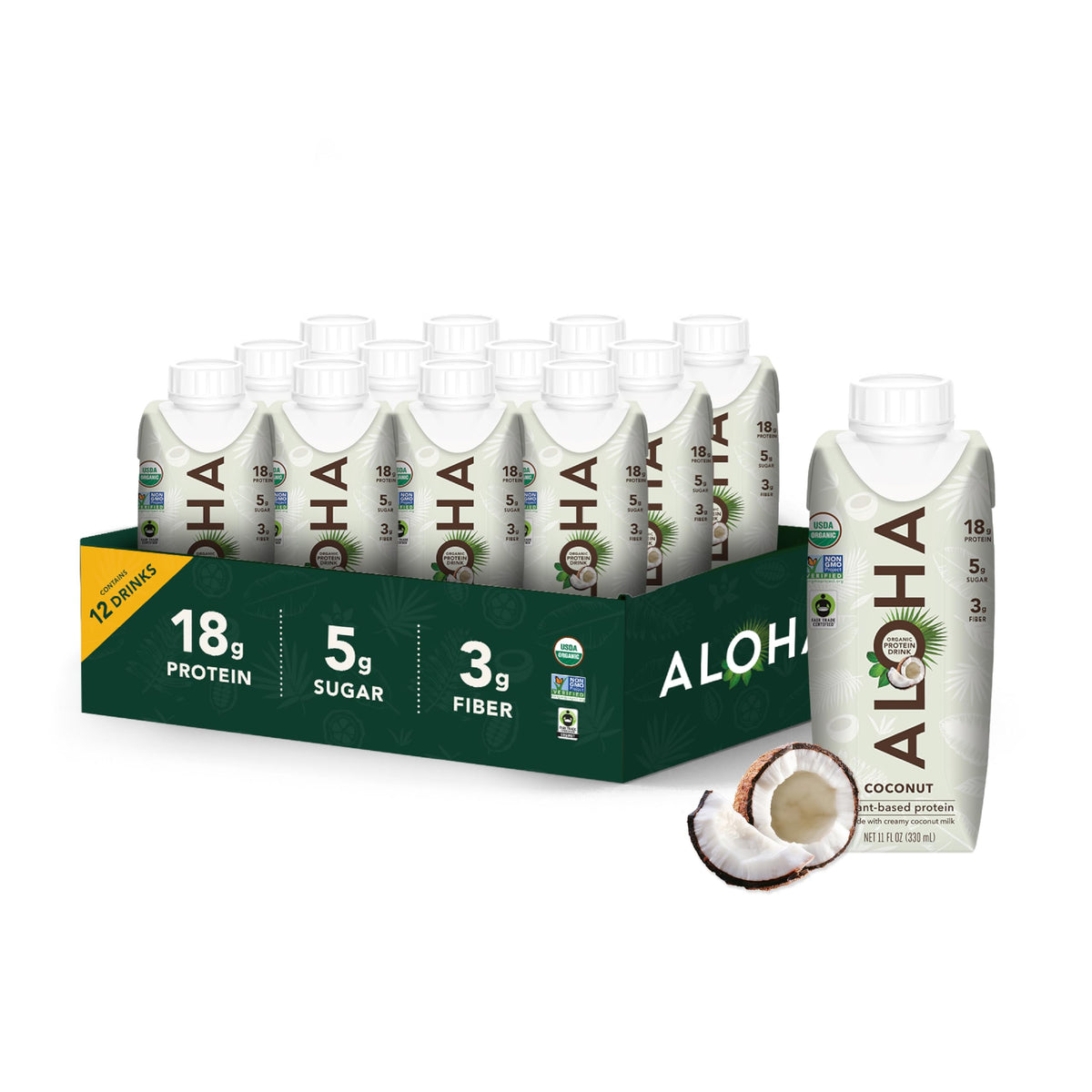 ALOHA coconut protein drink bottle on gym mat for convenient plant-based fueling