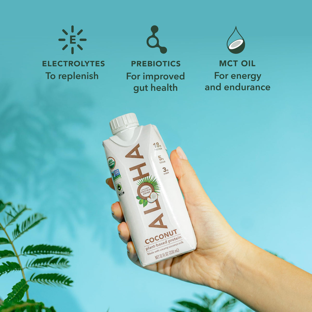 Pouring ALOHA coconut protein drink showing smooth texture for on-the-go fueling