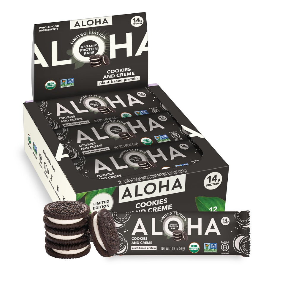 ALOHA Cookies and Creme bar pack on the go for protein-snacking convenience