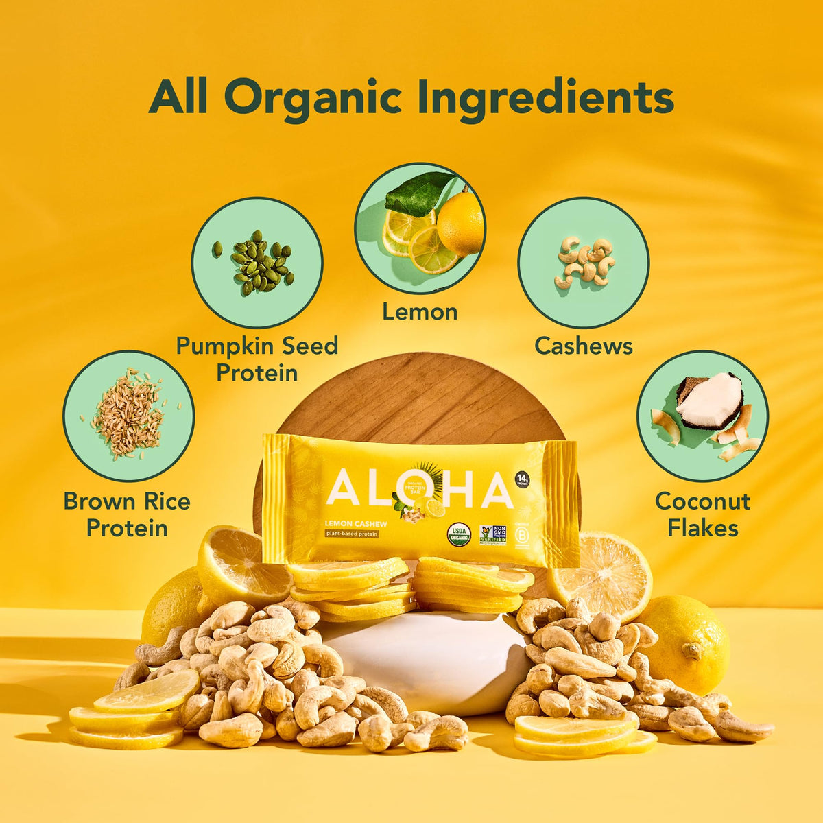 Ingredient shot highlights organic brown rice protein and pumpkin seeds.
