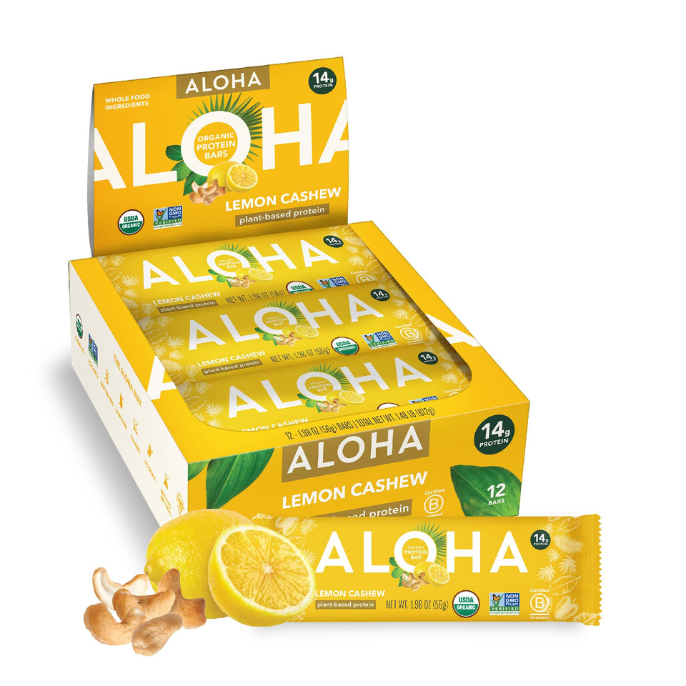 ALOHA Lemon Cashew bar packaging shows a clean, organic on-the-go snack.