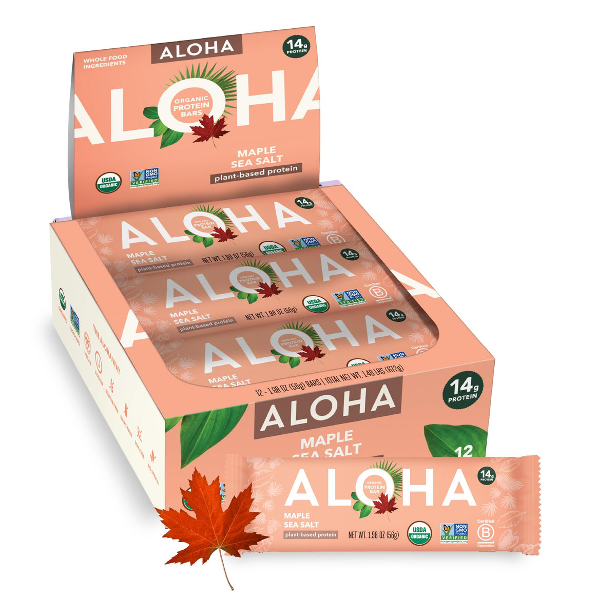 ALOHA Maple Sea Salt Bar front of box, a convenient plant-based protein snack