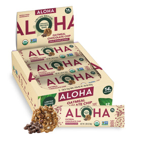 ALOHA oatmeal chocolate chip bar box showing a 12-bar pack for on-the-go snacking