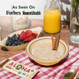 Vegan ALOHA bar label confirms dairy-free and non-GMO for mindful snacking