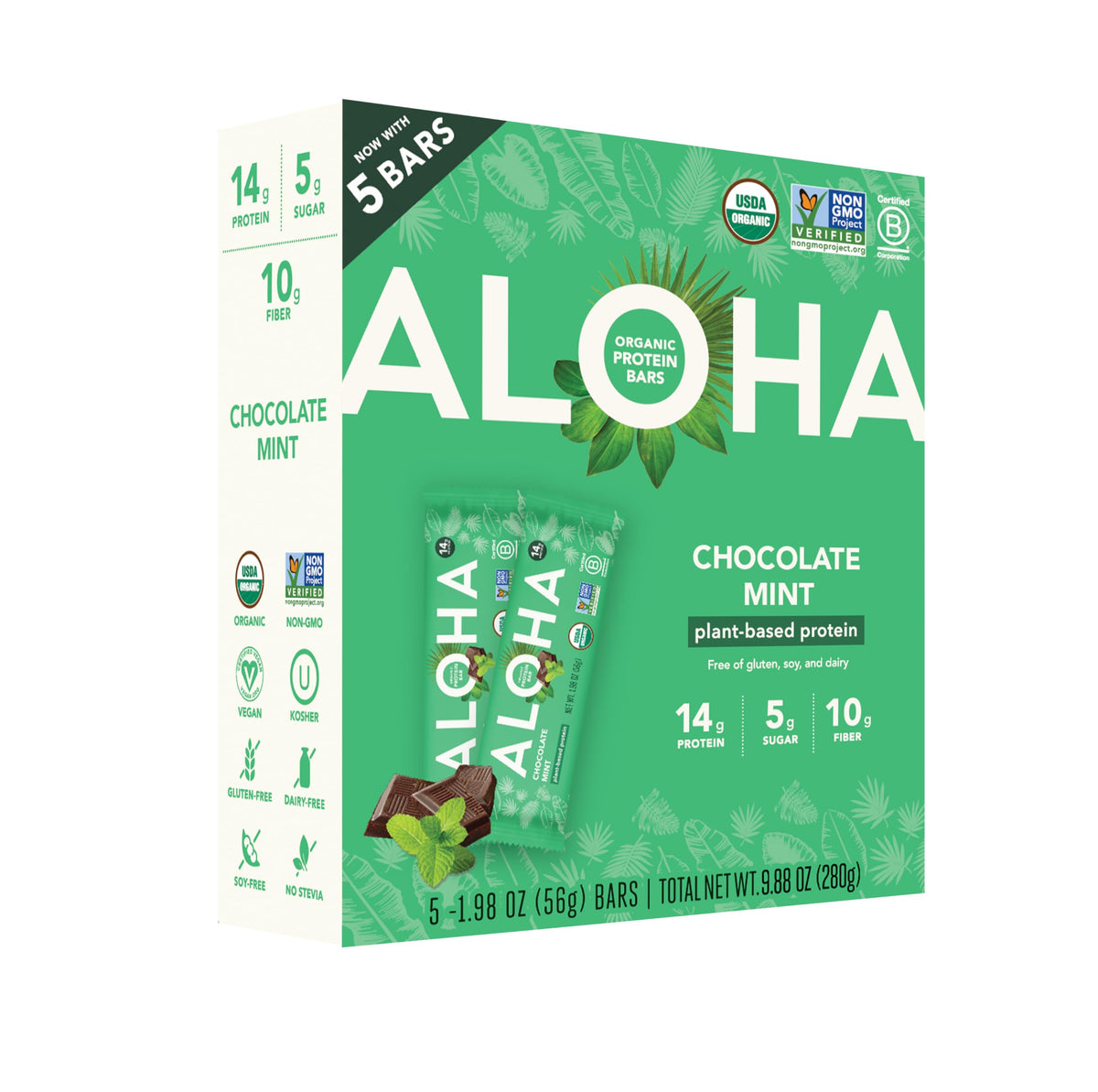 ALOHA Organic Chocolate Mint Protein Bar, on-the-go snack with minty chocolate flavor.