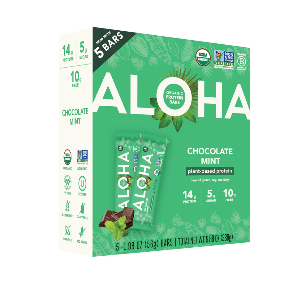 ALOHA Organic Chocolate Mint Protein Bar, on-the-go snack with minty chocolate flavor.