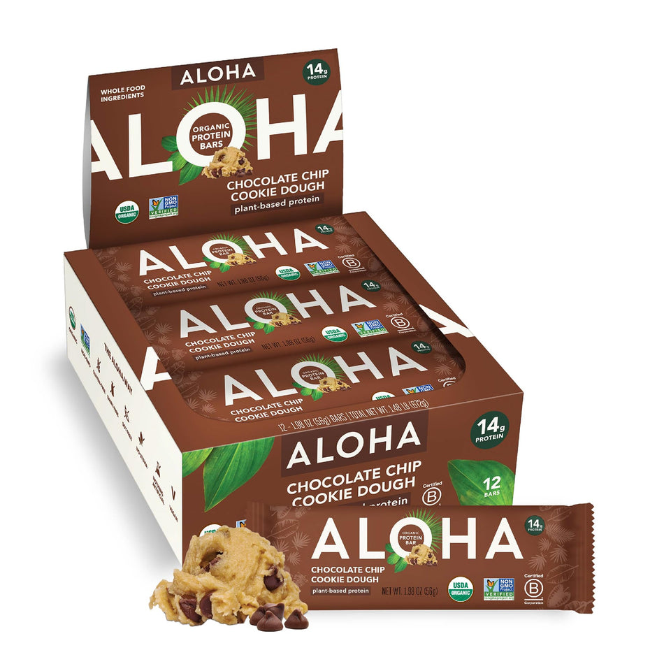 ALOHA organic plant-based protein bars chocolate chip cookie dough box for on-the-go fueling