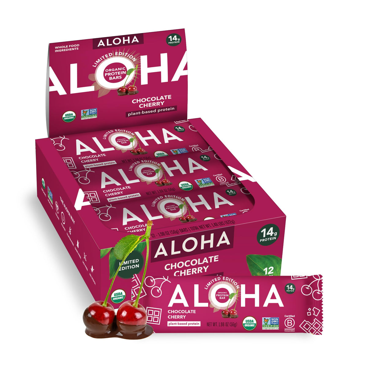 ALOHA Organic Protein Bars Chocolate Cherry pack, protein rich snack for busy days