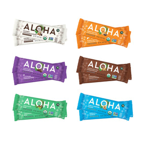 ALOHA bars ingredients panel highlighting organic rice and pumpkin proteins.
