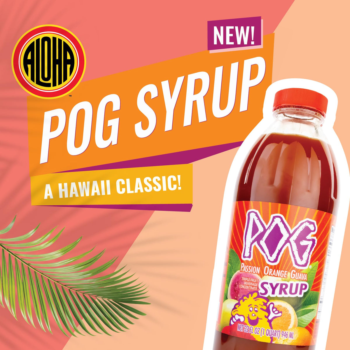 ALOHA POG syrup glass with vibrant tropical beverage, ideal for cocktails.