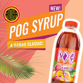 ALOHA POG syrup glass with vibrant tropical beverage, ideal for cocktails.