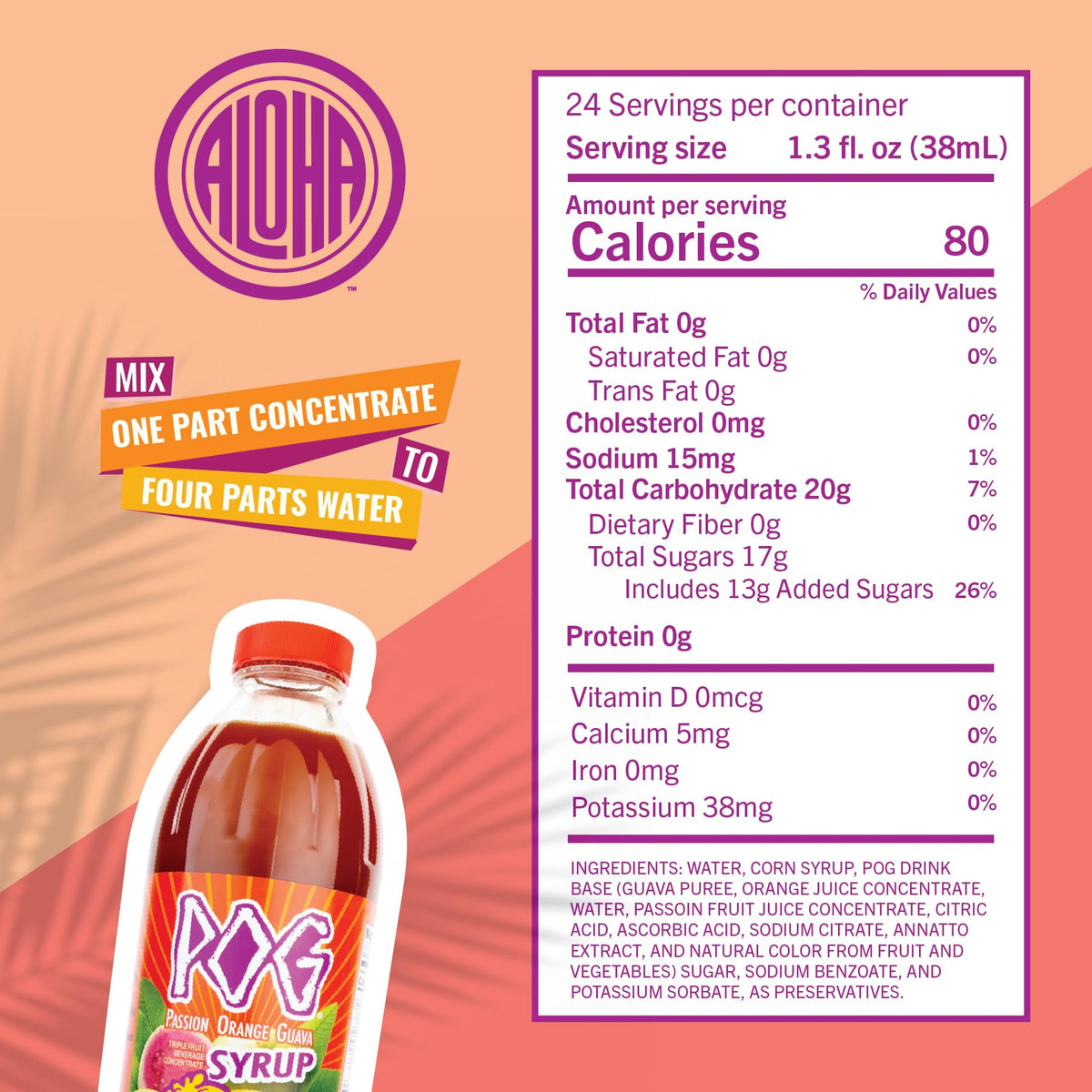 ALOHA POG syrup made in Hawaii label on the bottle.