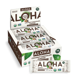 ALOHA protein bar chocolate coconut almond front view for quick plant-based energy