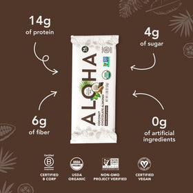 ALOHA protein bar close-up ingredients featuring brown rice protein