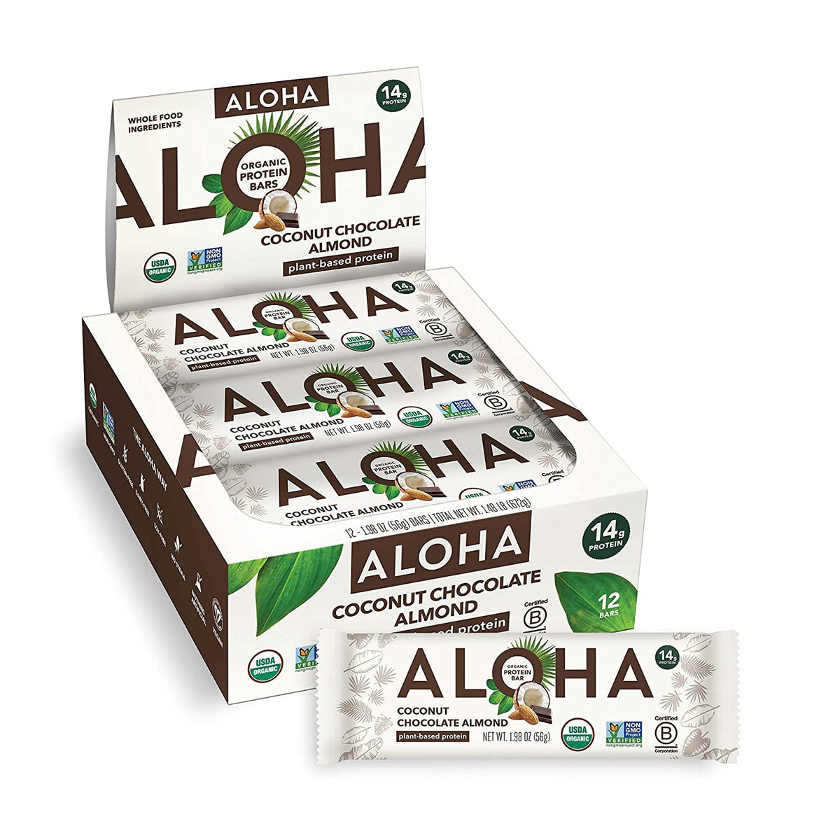 ALOHA Coconut Chocolate Almond protein bars pack for on-the-go nutrition
