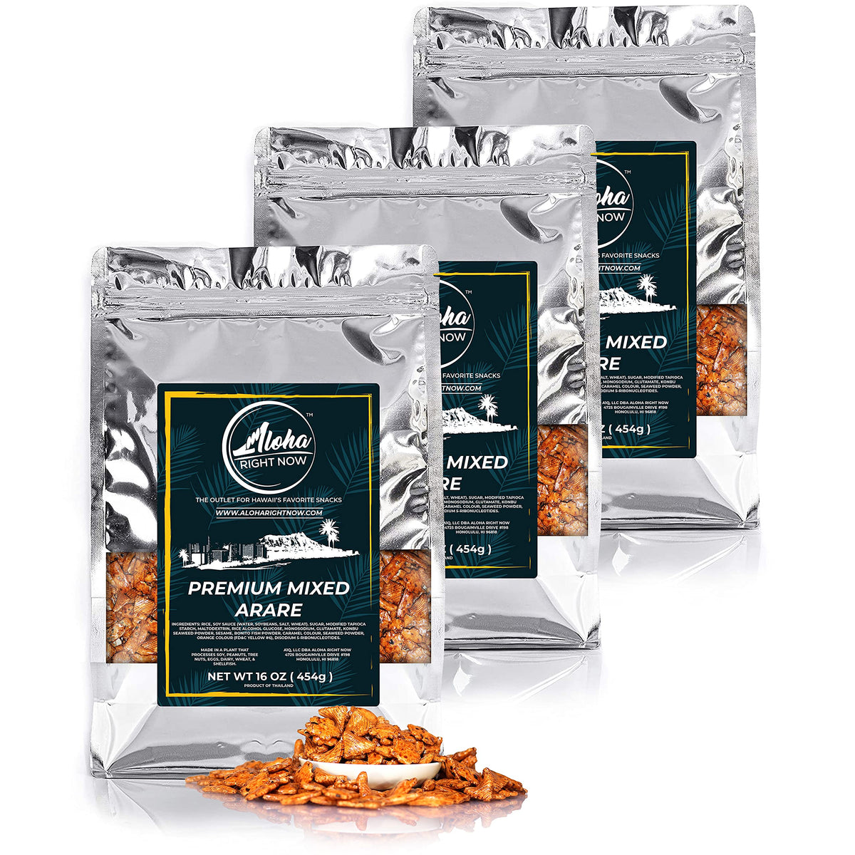 Close-up of Aloha Right Now arare crackers in a resealable bag for on-the-go snacking.