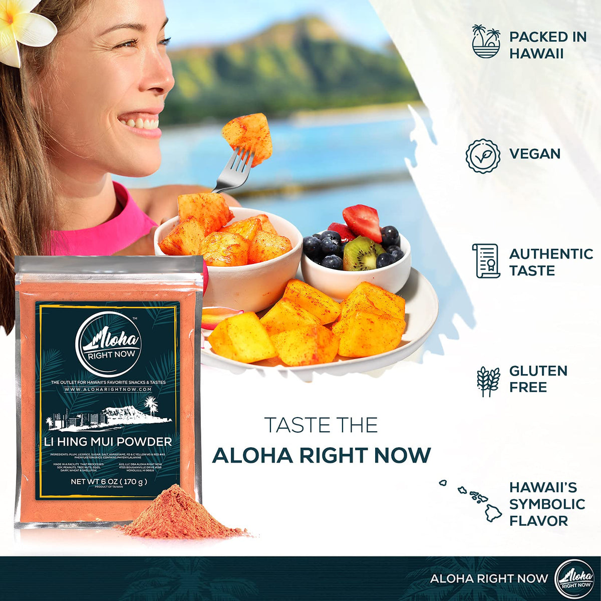 Aloha Right Now Li Hing Mui Powder 6oz bottle ready for fruit and treat seasoning.