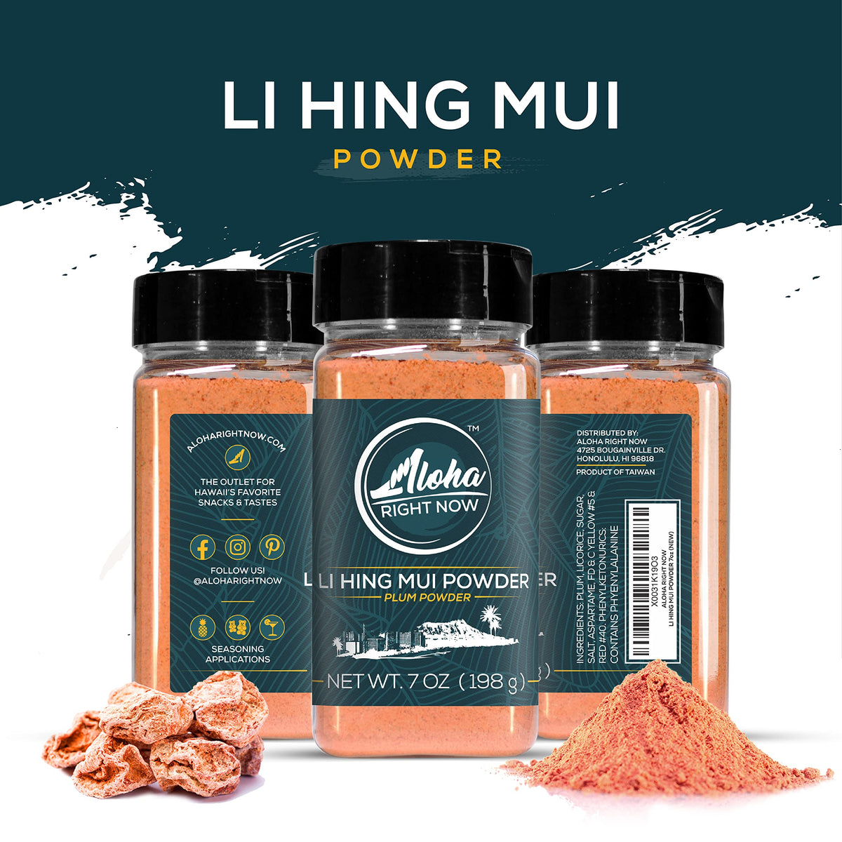 Aloha Right Now Li Hing Mui powder dispensing pour enhances cocktails and fruit snacks.