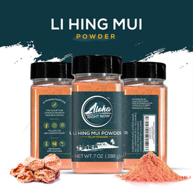 Aloha Right Now Li Hing Mui powder dispensing pour enhances cocktails and fruit snacks.