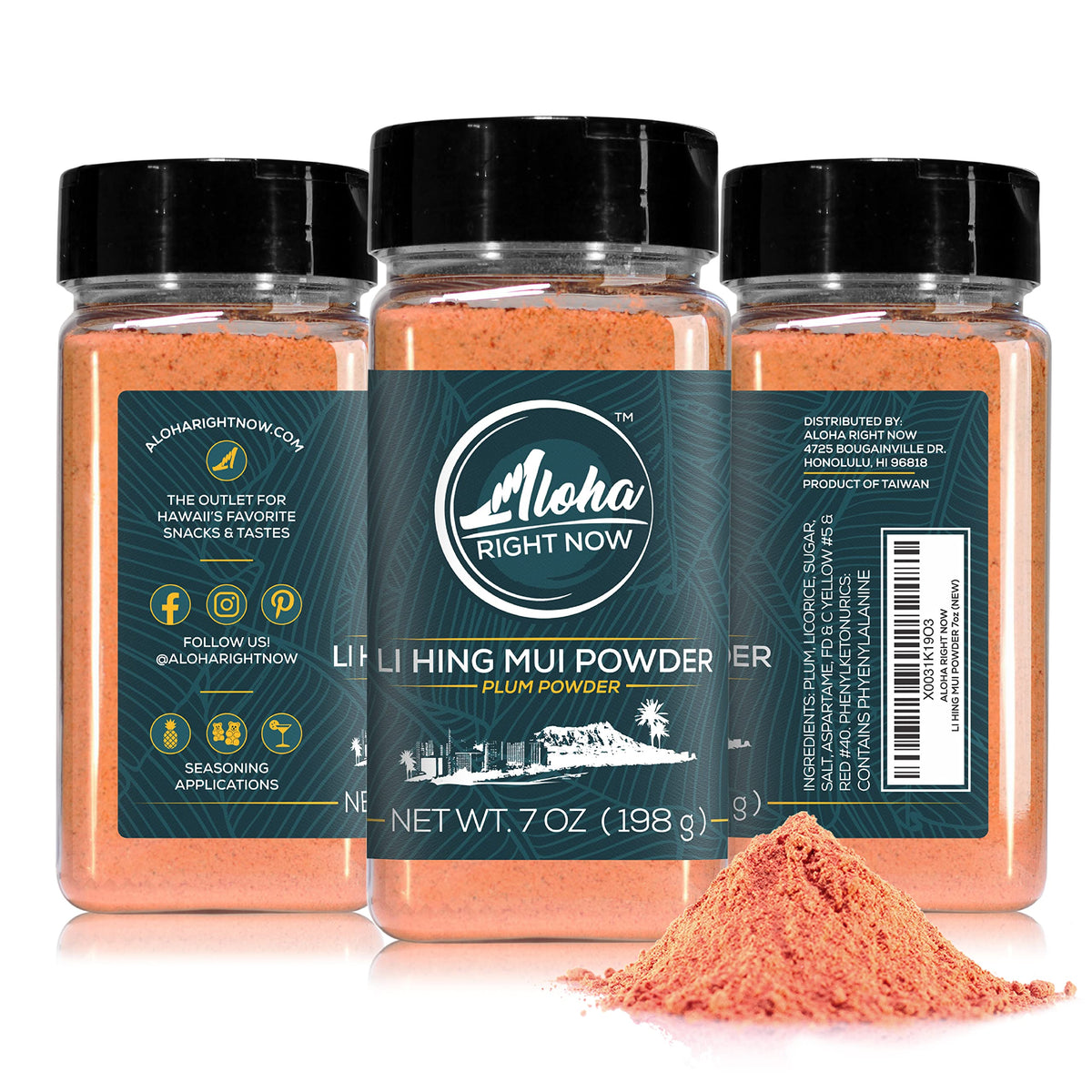 Aloha Right Now Li Hing Mui powder shaker for easy measuring and flavoring.