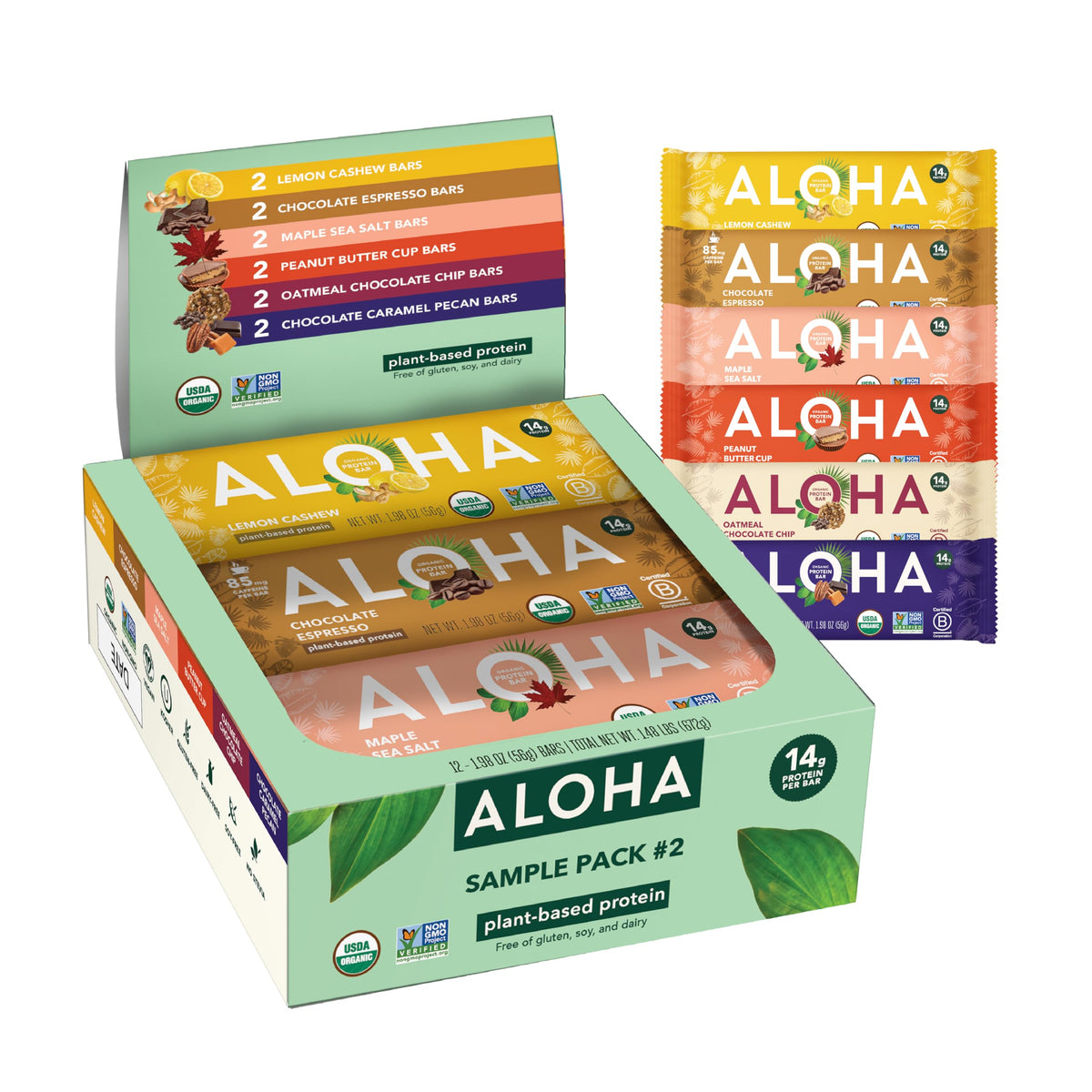 ALOHA sampler pack cover showing six bars for on-the-go nutrition.