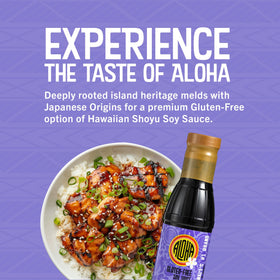 ALOHA Shoyu gluten free bottle closeup shows deep color and aroma