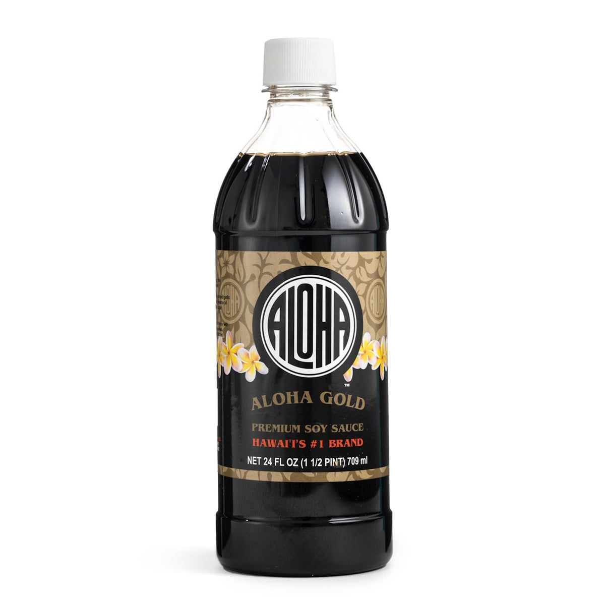 ALOHA Shoyu Gold bottle closeup highlighting bold flavor.