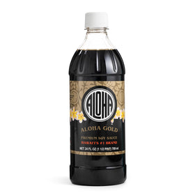 ALOHA Shoyu Gold bottle closeup highlighting bold flavor.