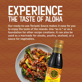 Closeup of Aloha Shoyu label showing authentic island teriyaki flavor.