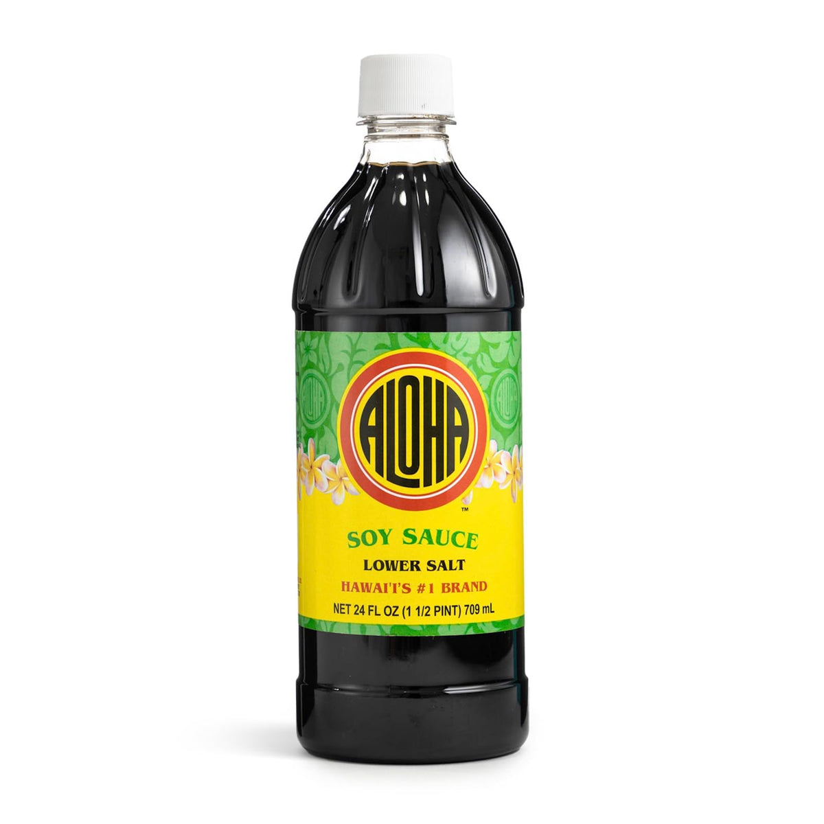 ALOHA Shoyu Lower Salt bottle pouring for balanced umami in meals.
