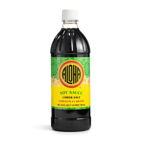 ALOHA Shoyu Lower Salt bottle pouring for balanced umami in meals.