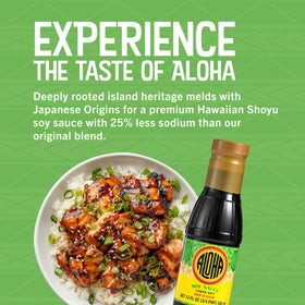 ALOHA Shoyu Lower Salt label closeup highlights reduced sodium recipe potential.