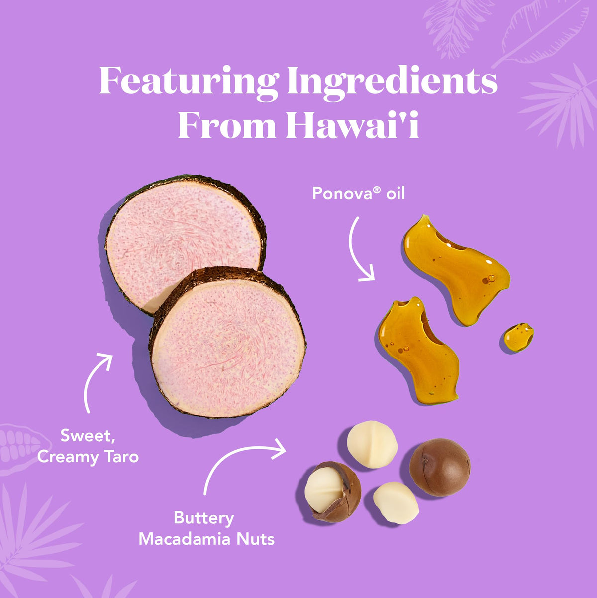 Nutrition info emphasizes protein, fiber, and low sugar in the Taro bar