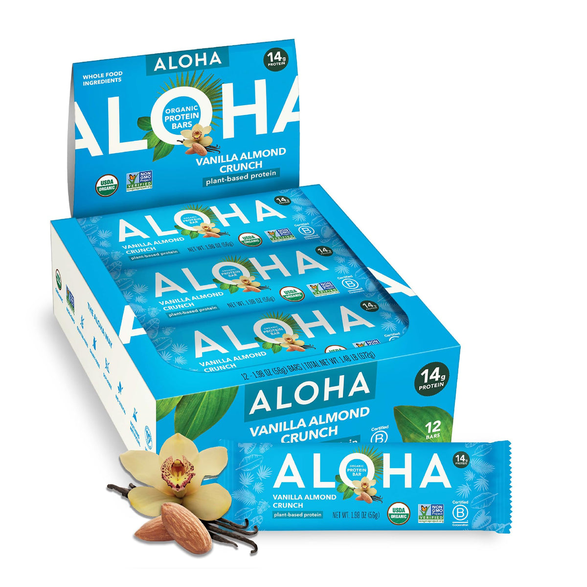 ALOHA Vanilla Almond Crunch bar pack displayed for on-the-go protein-packed fuel.