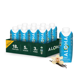 ALOHA Vanilla Protein Drink bottle shows creamy coconut milk for plant-based energy.
