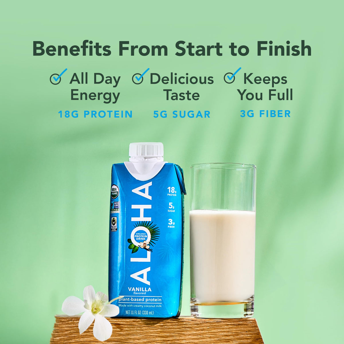 ALOHA Vanilla protein drink glass ready-to-drink on-the-go convenience.