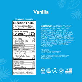 ALOHA Vanilla protein drink ingredients close-up shows organic, non-GMO components.