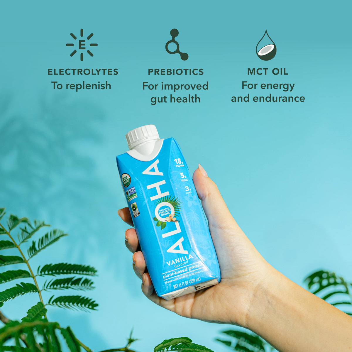 ALOHA Vanilla Drink pour highlights smooth texture and 18g protein for post-workout recovery.