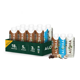 ALOHA Chocolate Sea Salt bottle showcases creamy plant-based protein drink