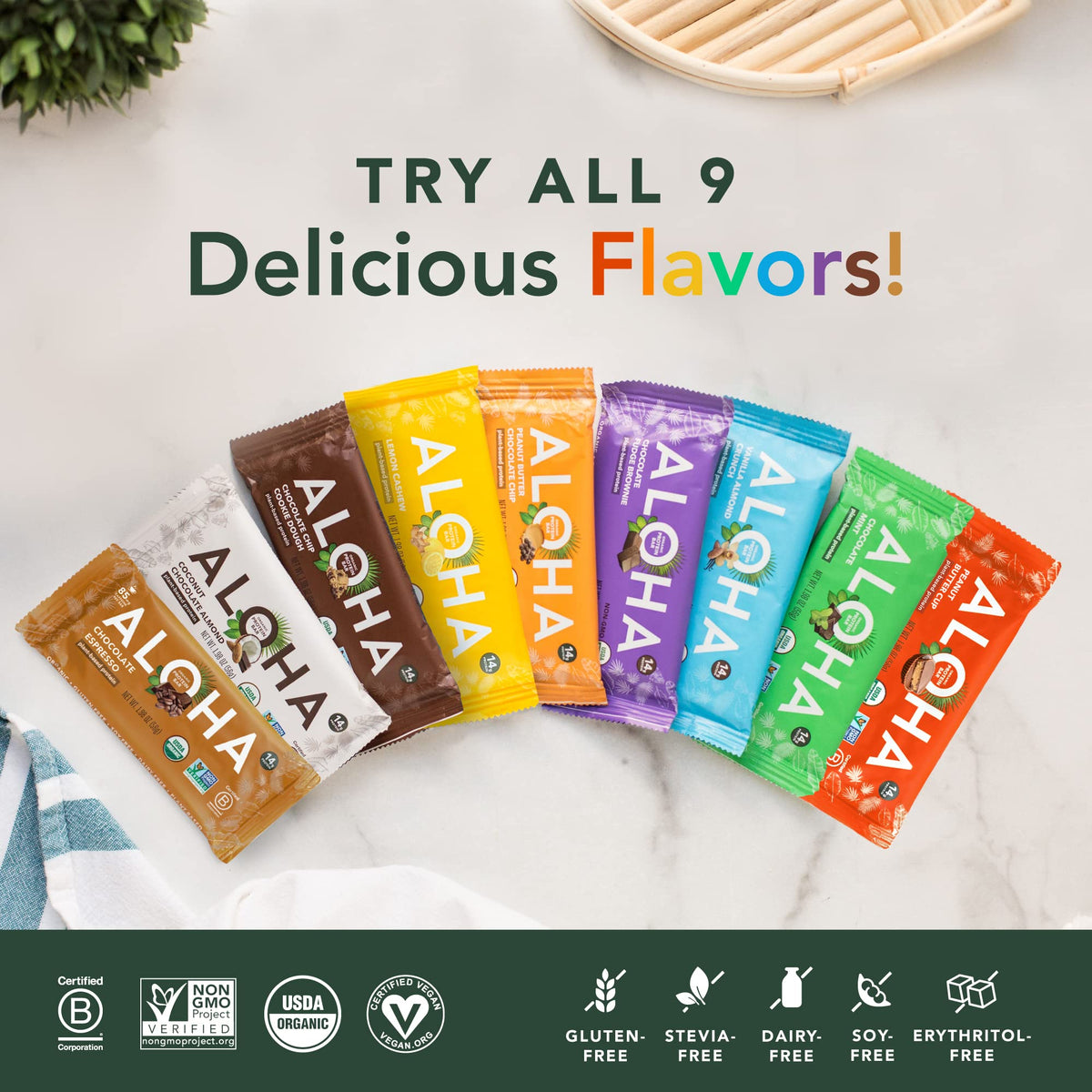 Vegan, gluten-free, and kosher labels on ALOHA bar packaging