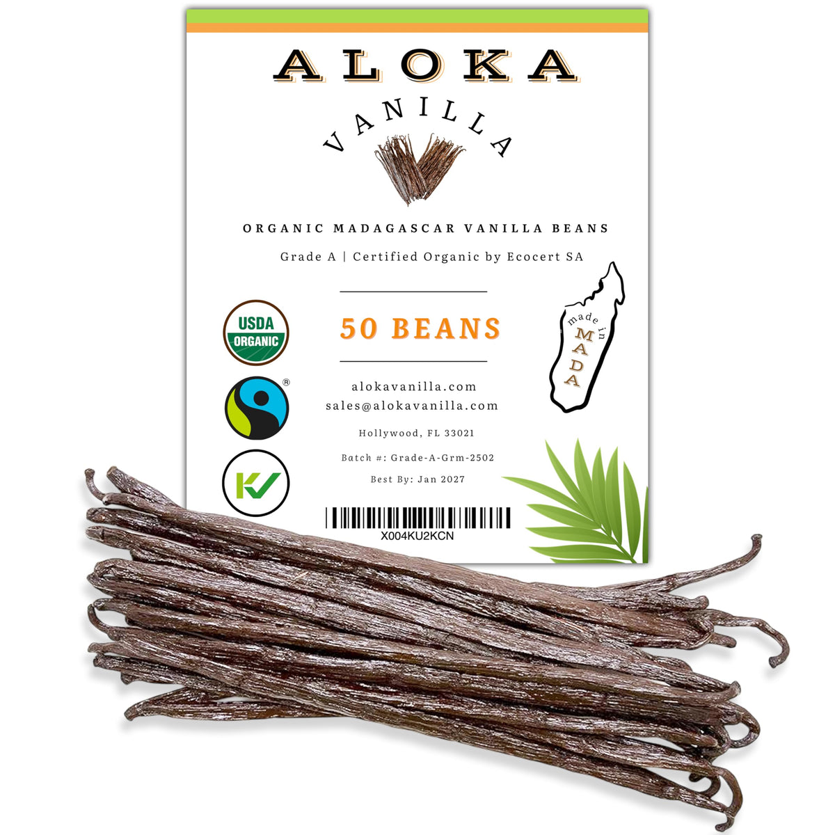 Aloka Vanilla 50-bean packaging showcases premium Madagascar beans for rich baking flavor.