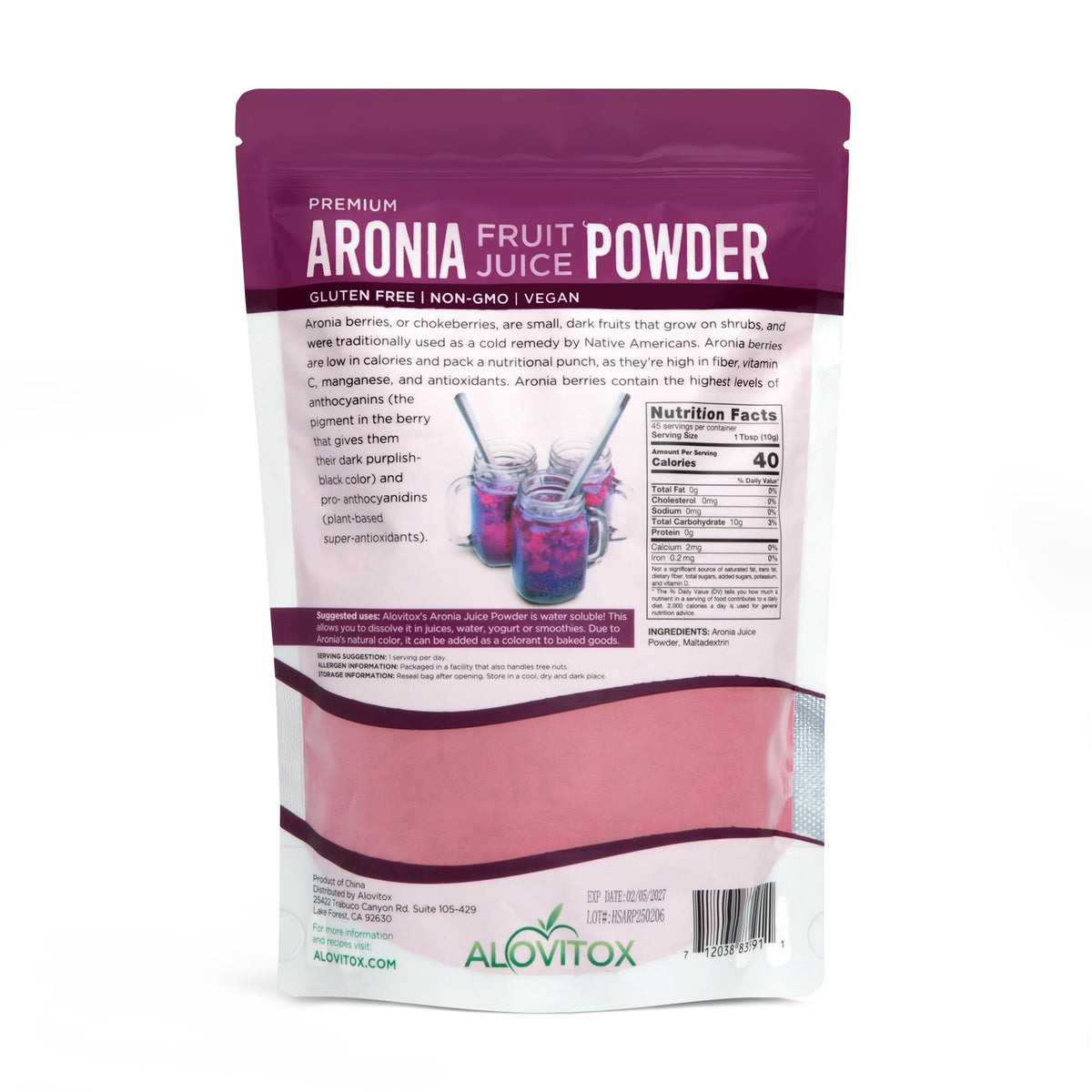 Alovitox Aronia Berry Powder being poured into water for a quick juice