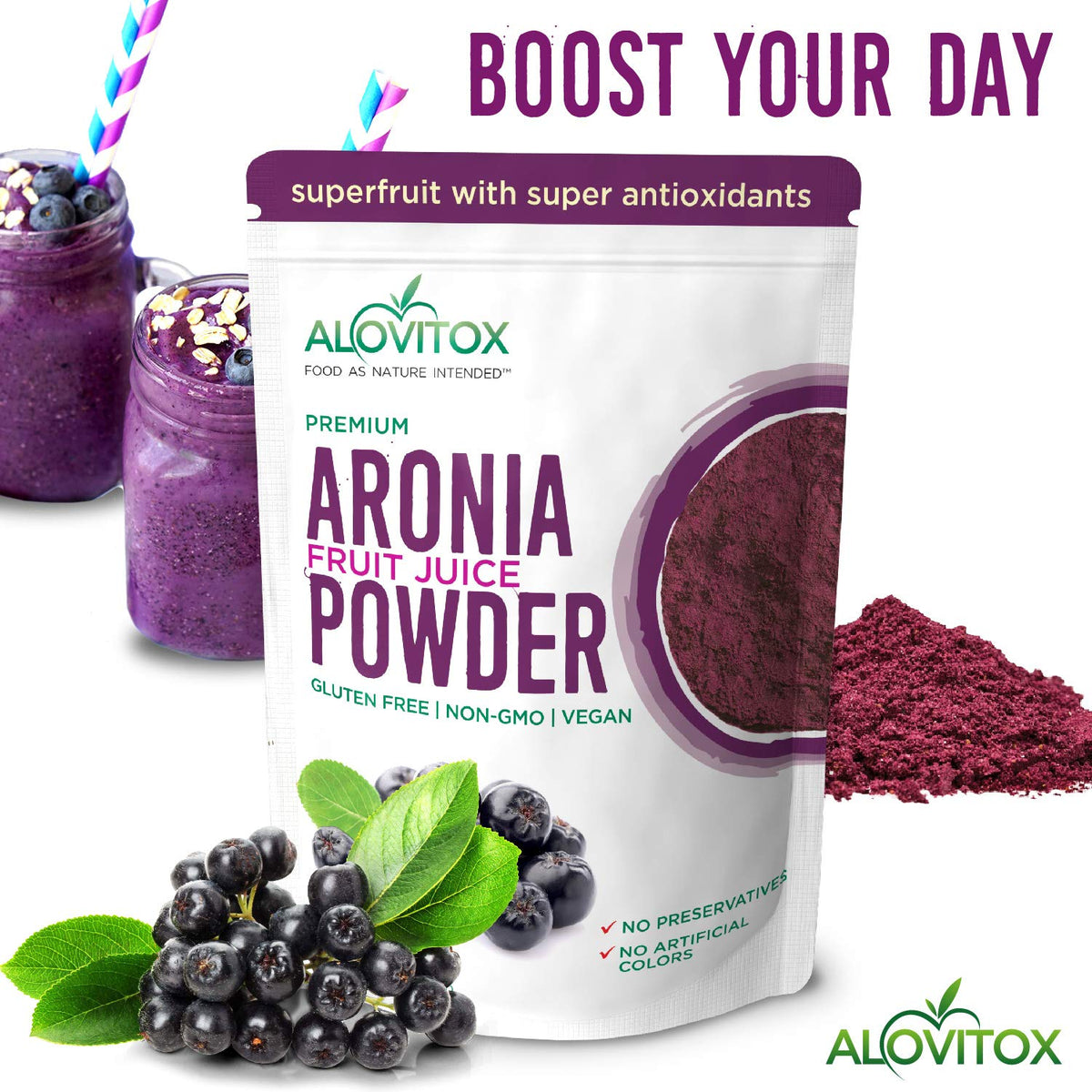 Water with Alovitox Aronia Berry Powder fully dissolving