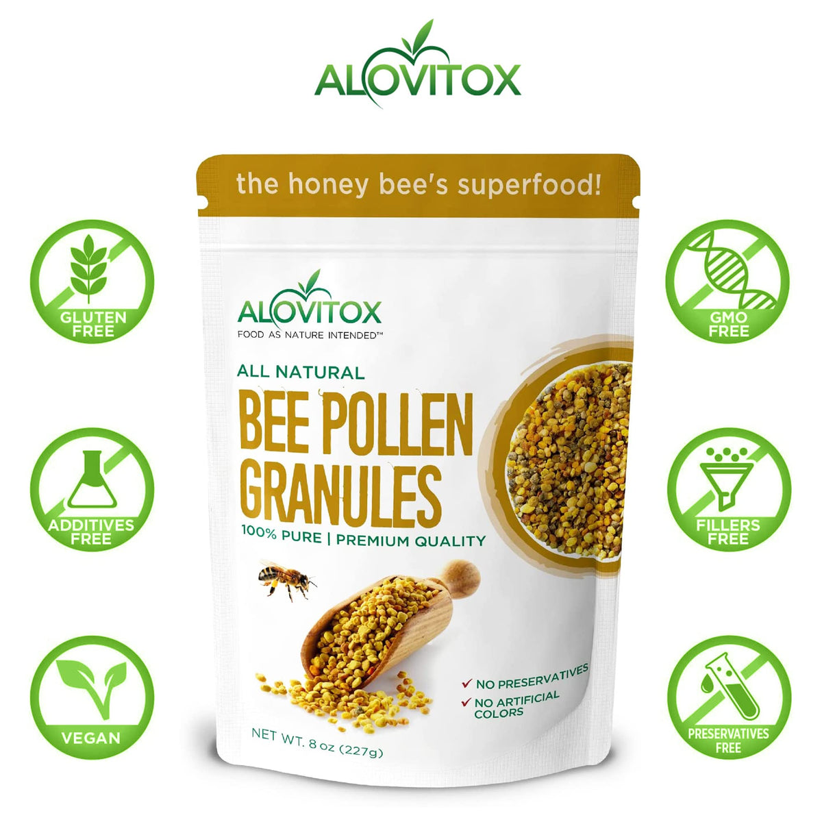 Alovitox Bee Pollen Granules closeup texture highlights natural color and density