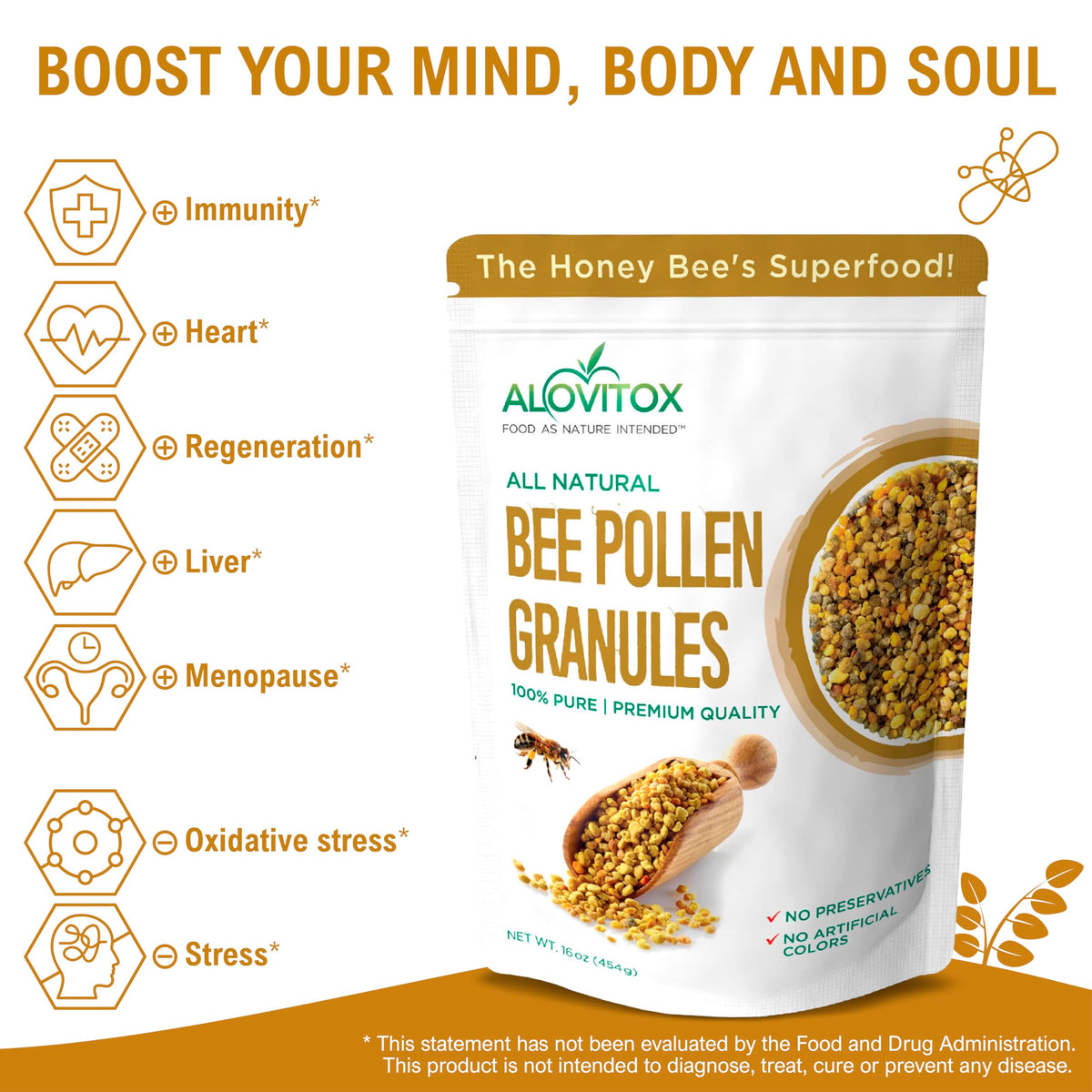 Alovitox Bee Pollen Granules Closeup – vibrant color signals freshness