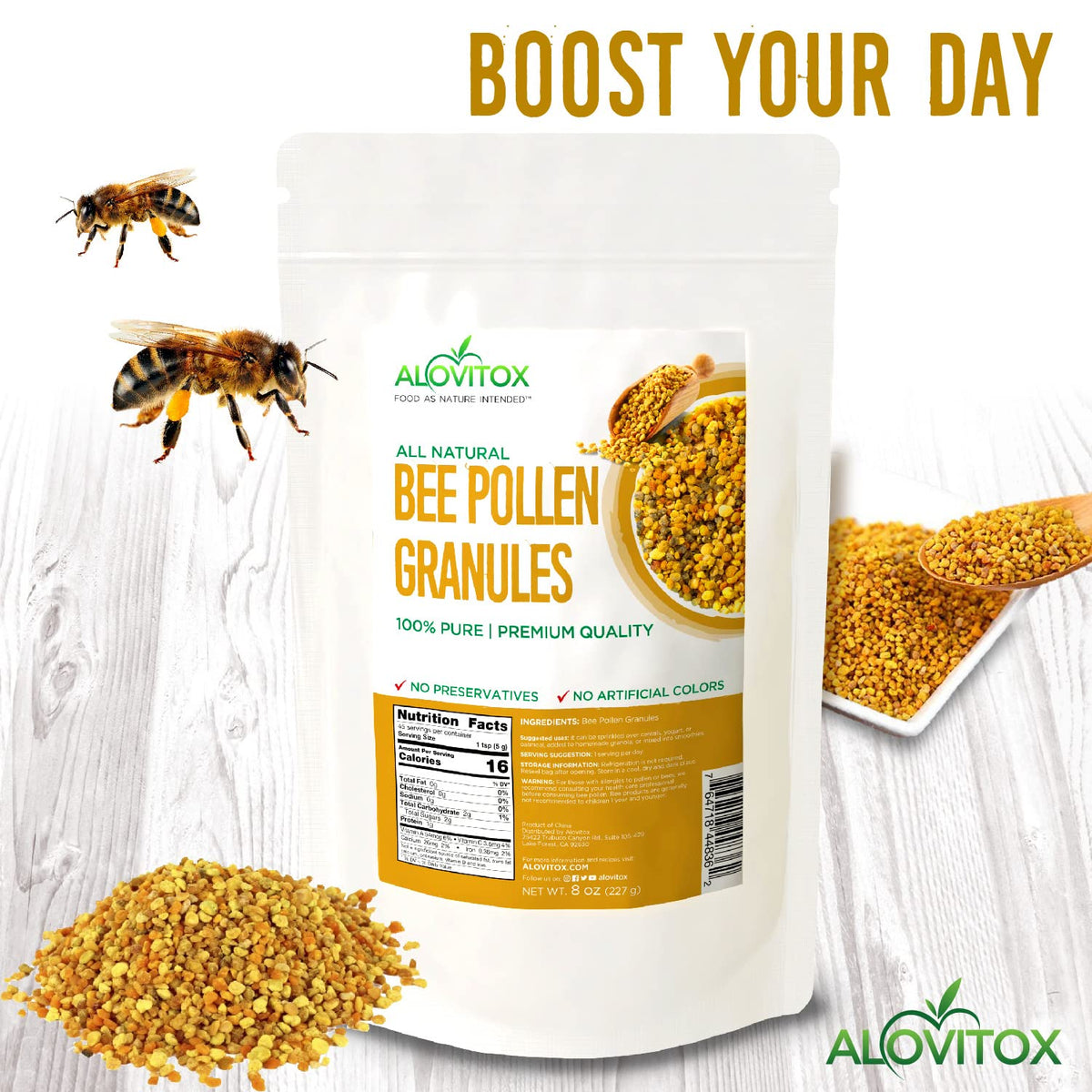 Alovitox Bee Pollen Granules label view emphasizes organic, gluten-free ingredients