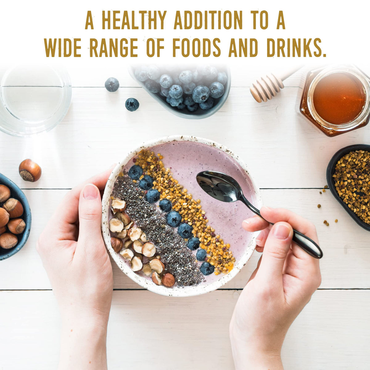 Alovitox Bee Pollen Granules on a spoon, easy daily addition