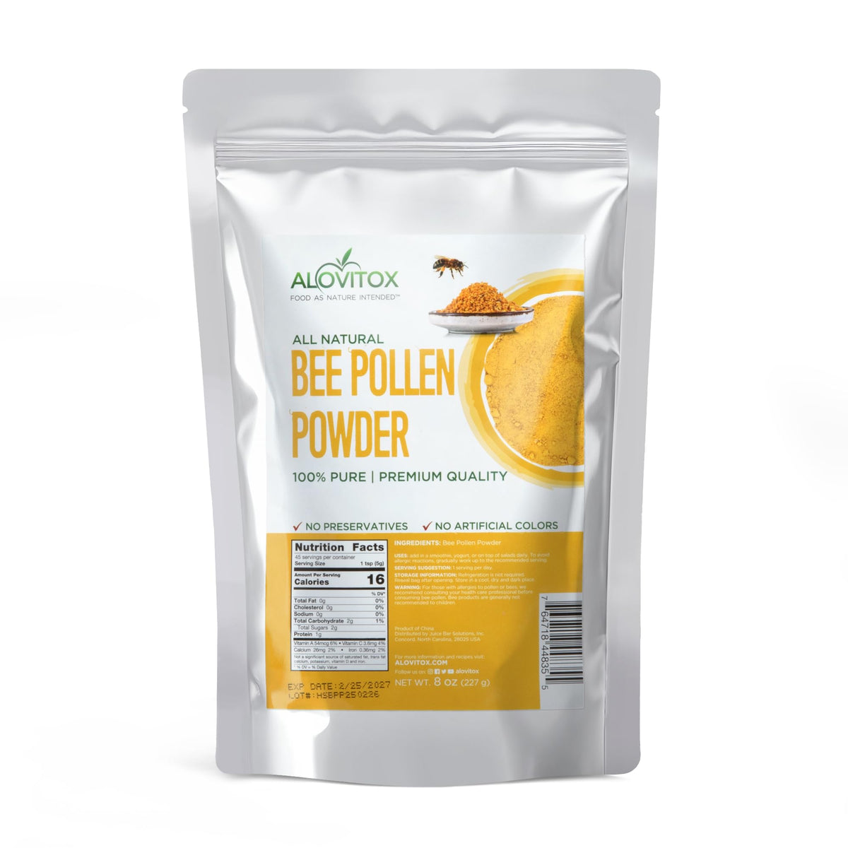 Alovitox Bee Pollen Powder bottle close-up, highlighting purity and antioxidant-rich nutrition.