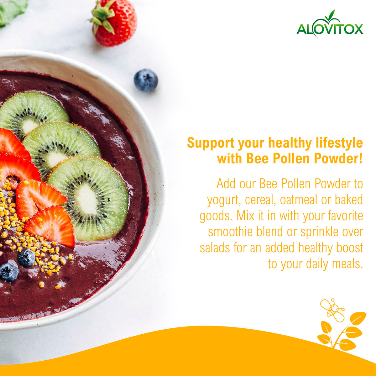 Yogurt bowl topped with Alovitox Bee Pollen Powder for a protein-rich breakfast.